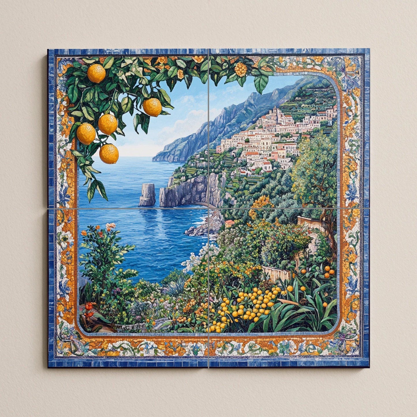 Ceramic tile mural of the Mediterranean coast / Amalfi Coast with lemons and sea views / Italian-inspired decorative wall art