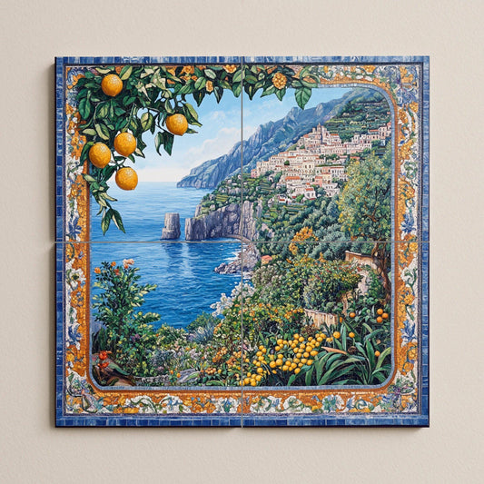 Ceramic tile mural of the Mediterranean coast / Amalfi Coast with lemons and sea views / Italian-inspired decorative wall art