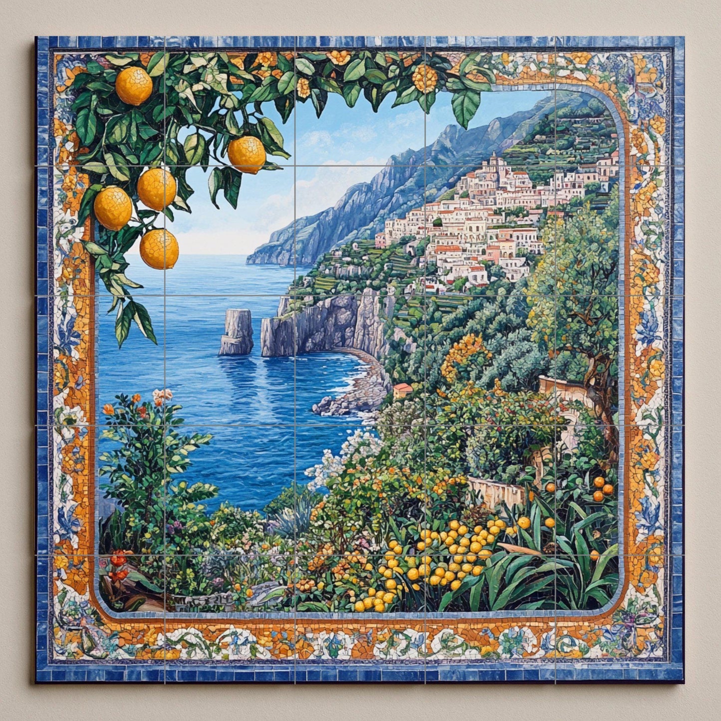 Ceramic tile mural of the Mediterranean coast / Amalfi Coast with lemons and sea views / Italian-inspired decorative wall art
