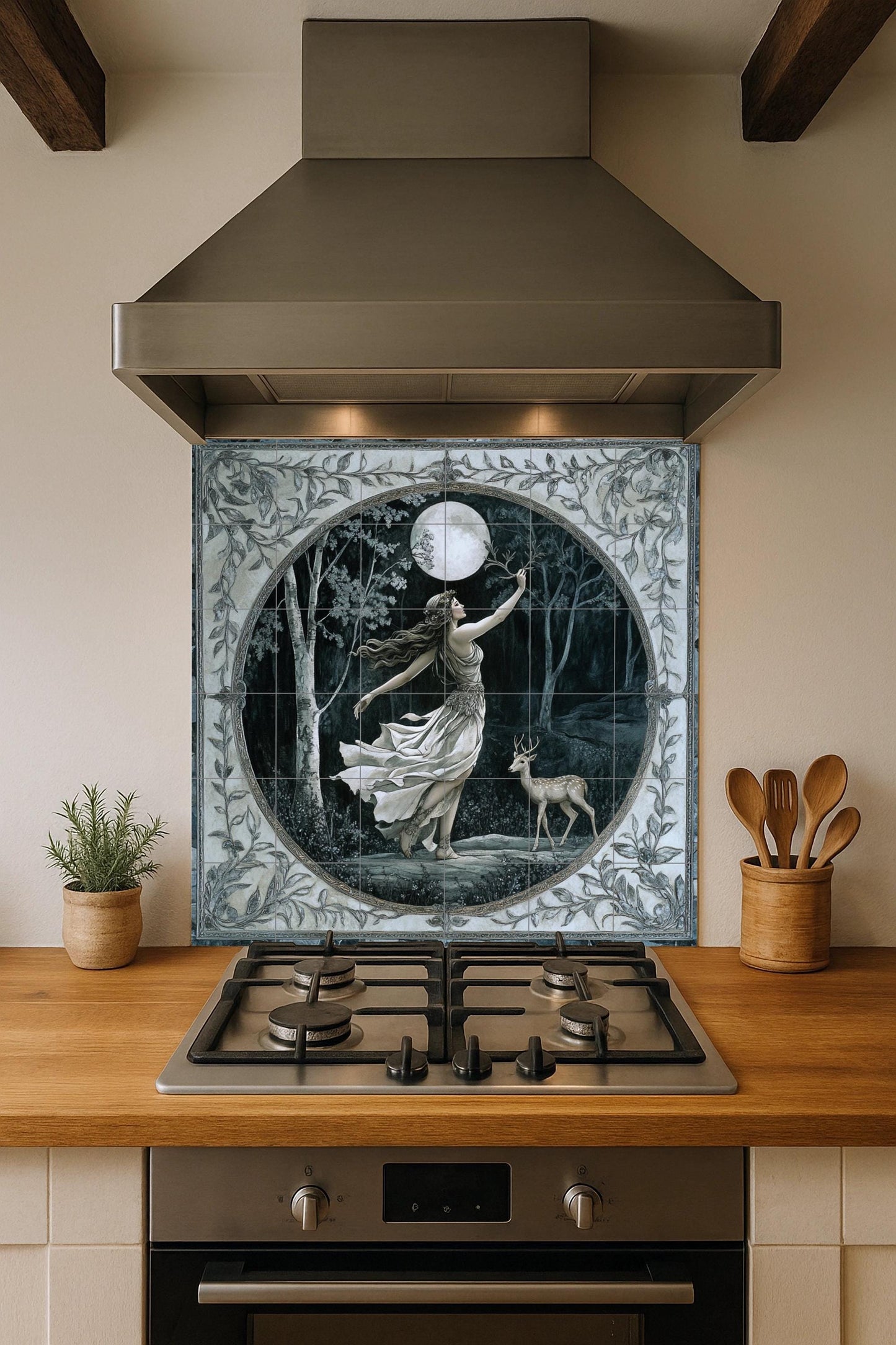 Ceramic tile mural of the Mystic Goddess of the Moon / Enchanted Forest with Deer / Mythical wall art decorative panel