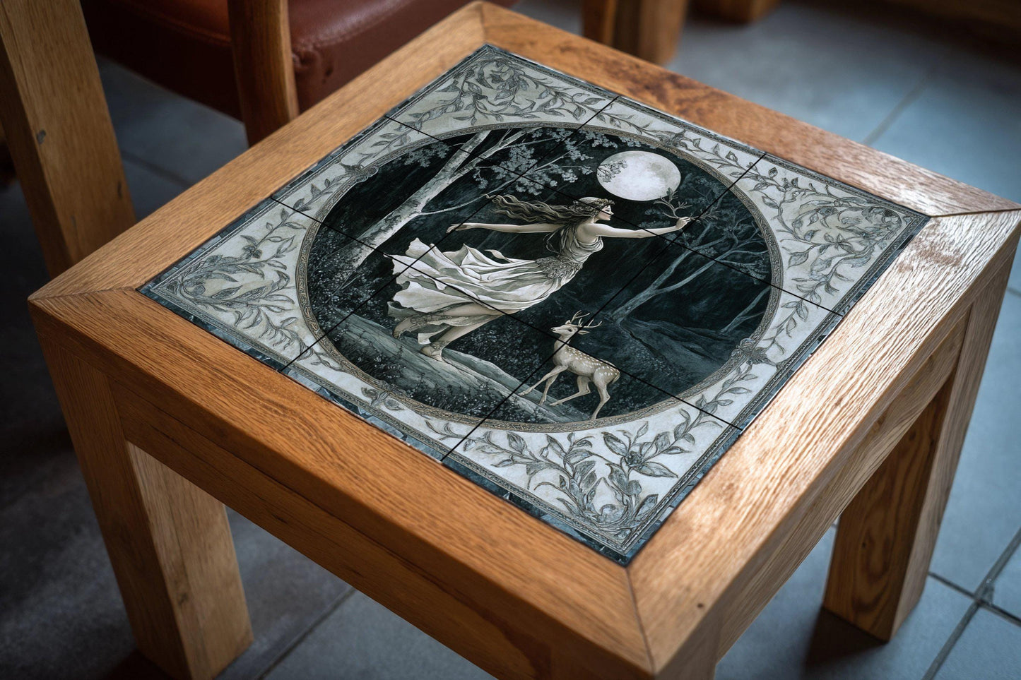 Ceramic tile mural of the Mystic Goddess of the Moon / Enchanted Forest with Deer / Mythical wall art decorative panel