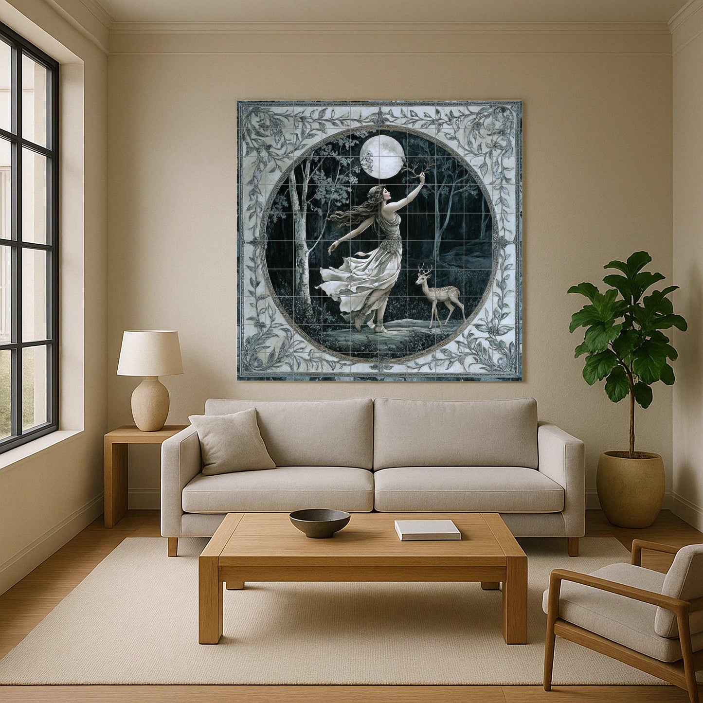 Ceramic tile mural of the Mystic Goddess of the Moon / Enchanted Forest with Deer / Mythical wall art decorative panel