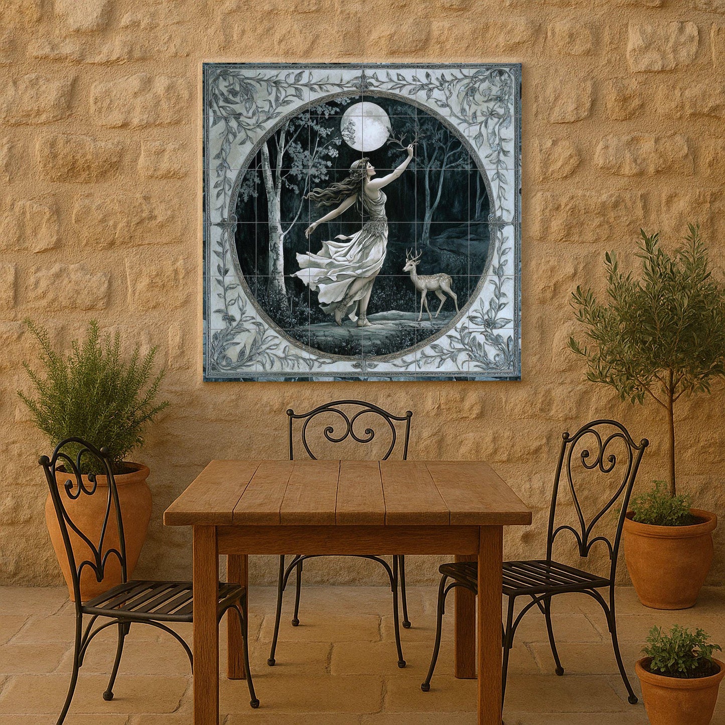 Ceramic tile mural of the Mystic Goddess of the Moon / Enchanted Forest with Deer / Mythical wall art decorative panel