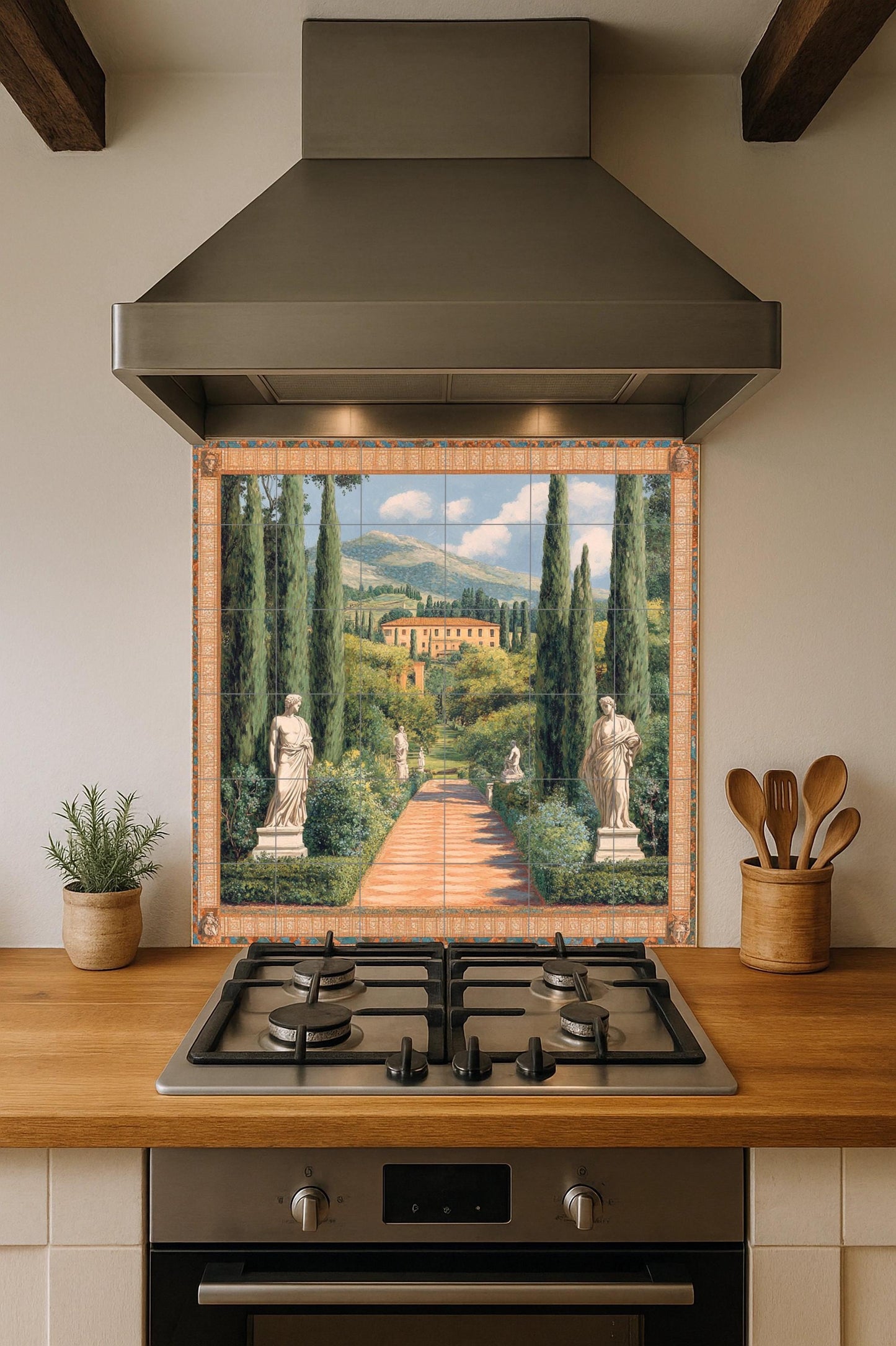 Ceramic tile mural with Italian villa garden / Cypress avenue with classical statues / Decorative wall panel with Tuscan landscape