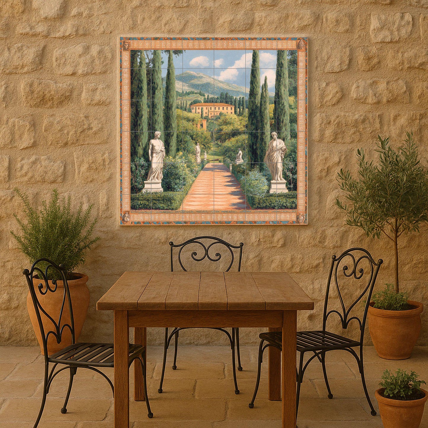 Ceramic tile mural with Italian villa garden / Cypress avenue with classical statues / Decorative wall panel with Tuscan landscape