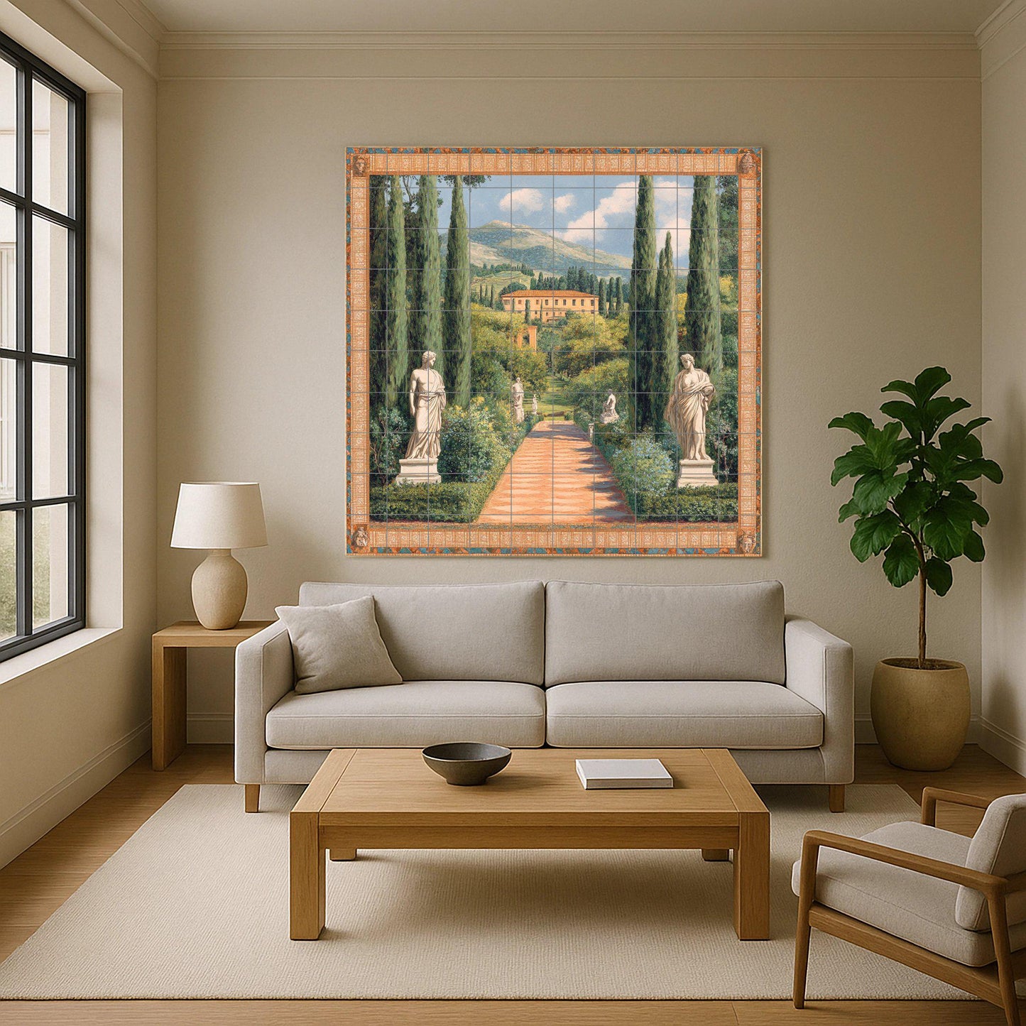 Ceramic tile mural with Italian villa garden / Cypress avenue with classical statues / Decorative wall panel with Tuscan landscape