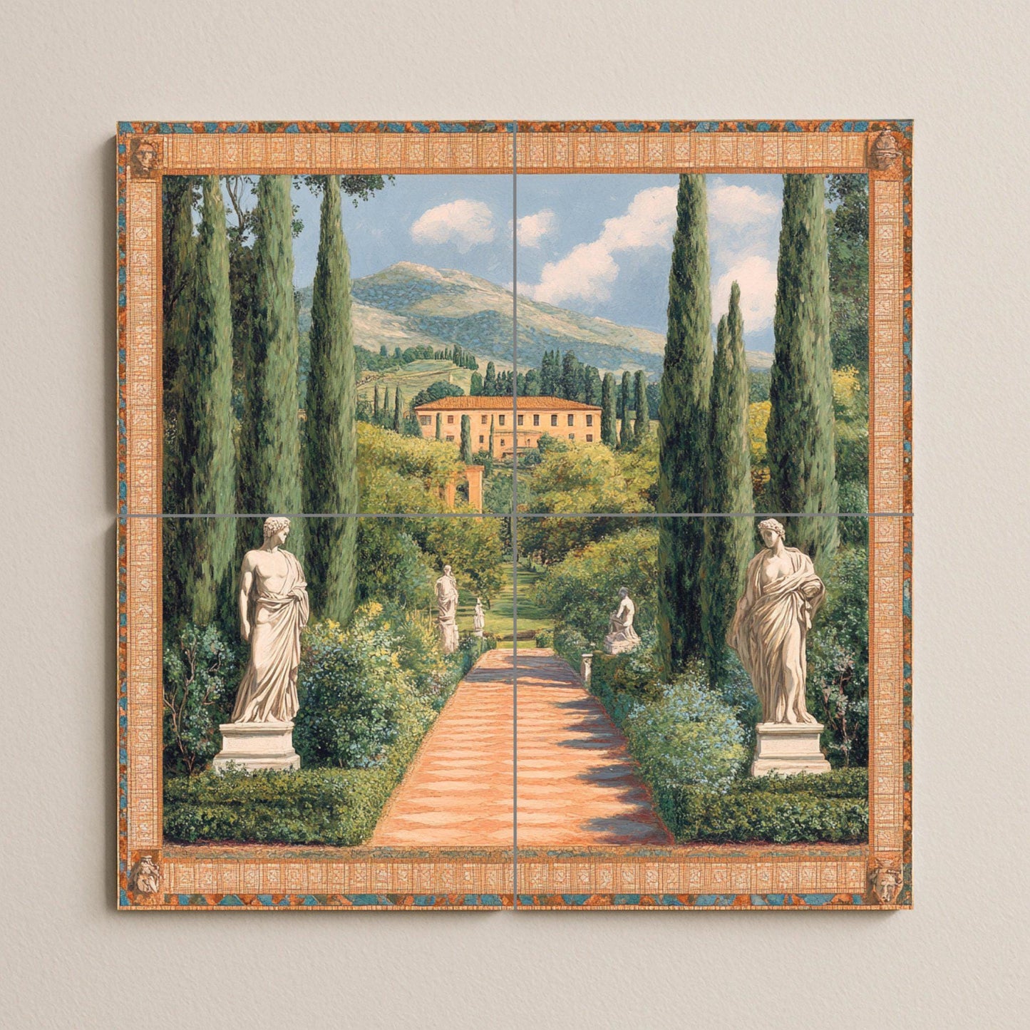 Ceramic tile mural with Italian villa garden / Cypress avenue with classical statues / Decorative wall panel with Tuscan landscape