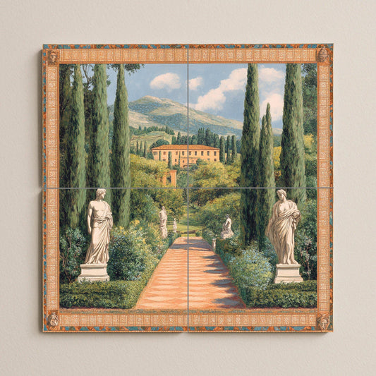 Ceramic tile mural with Italian villa garden / Cypress avenue with classical statues / Decorative wall panel with Tuscan landscape
