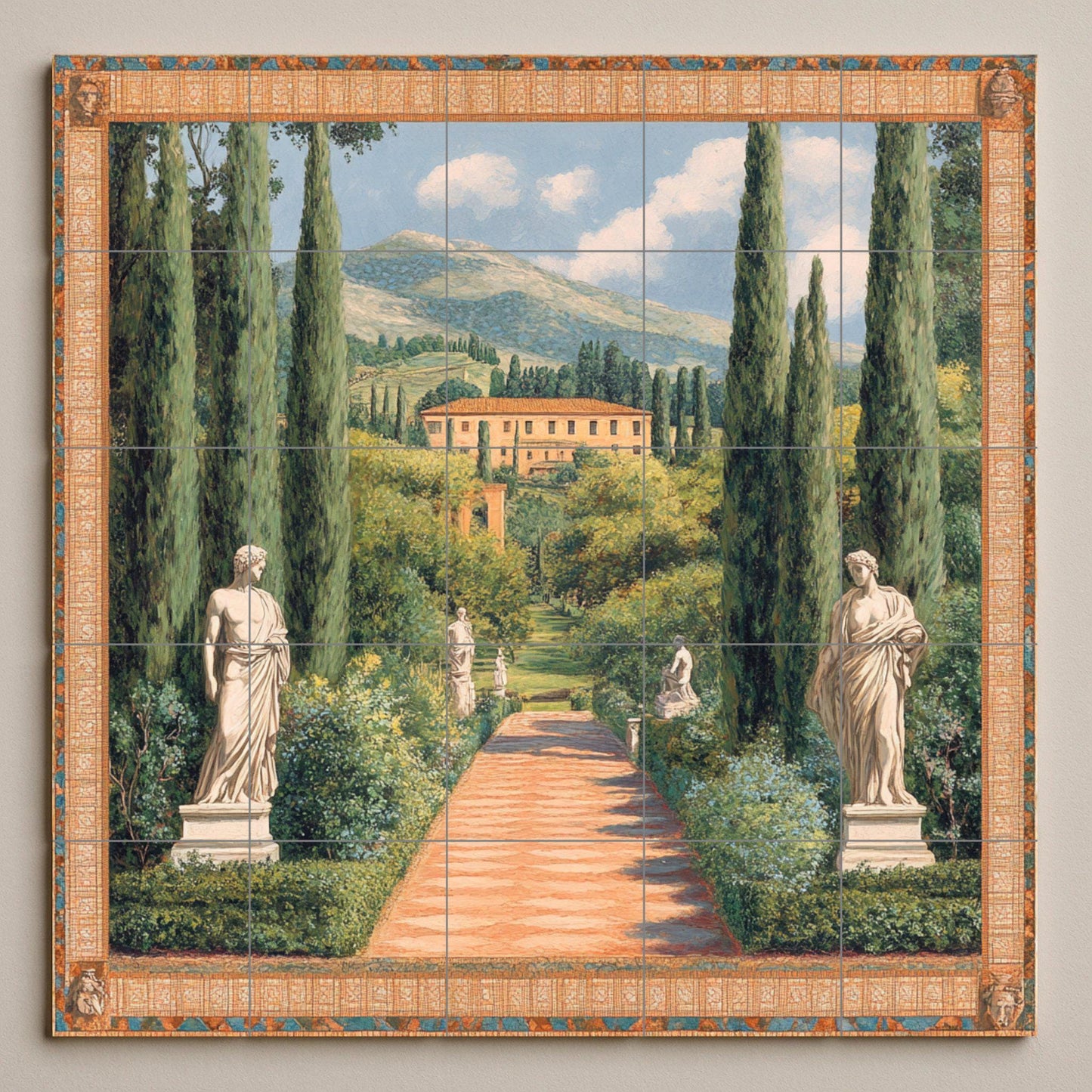 Ceramic tile mural with Italian villa garden / Cypress avenue with classical statues / Decorative wall panel with Tuscan landscape