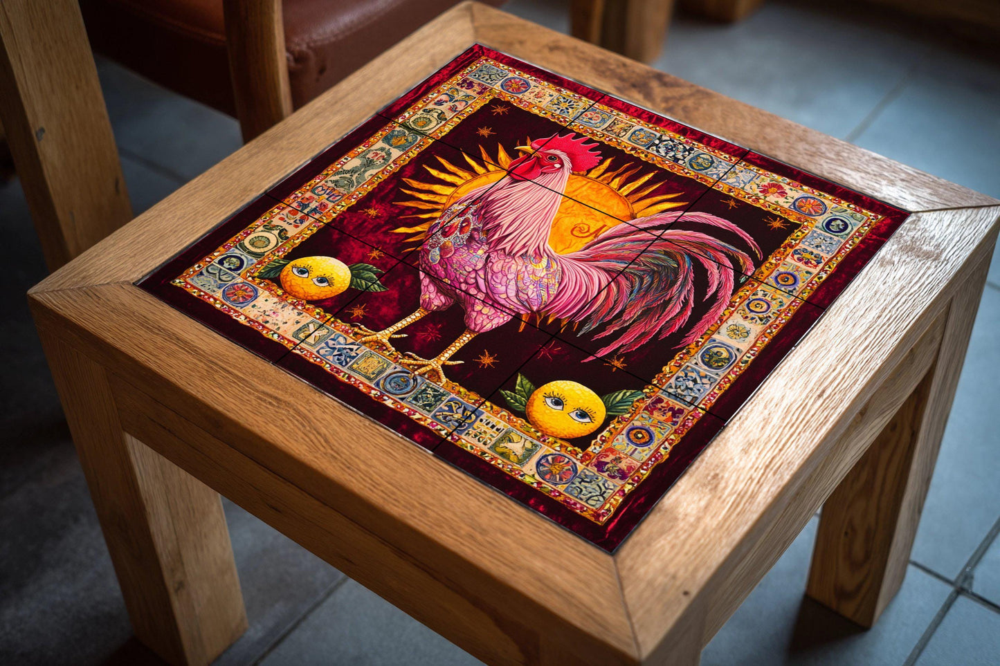 Ceramic tile mural with a vibrant rooster / Ornamental sun background with citrus motifs / Colorful decorative panel for kitchen or patio