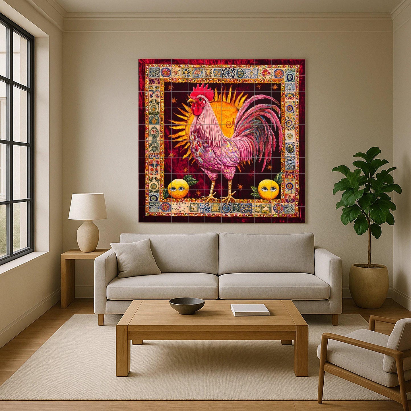 Ceramic tile mural with a vibrant rooster / Ornamental sun background with citrus motifs / Colorful decorative panel for kitchen or patio