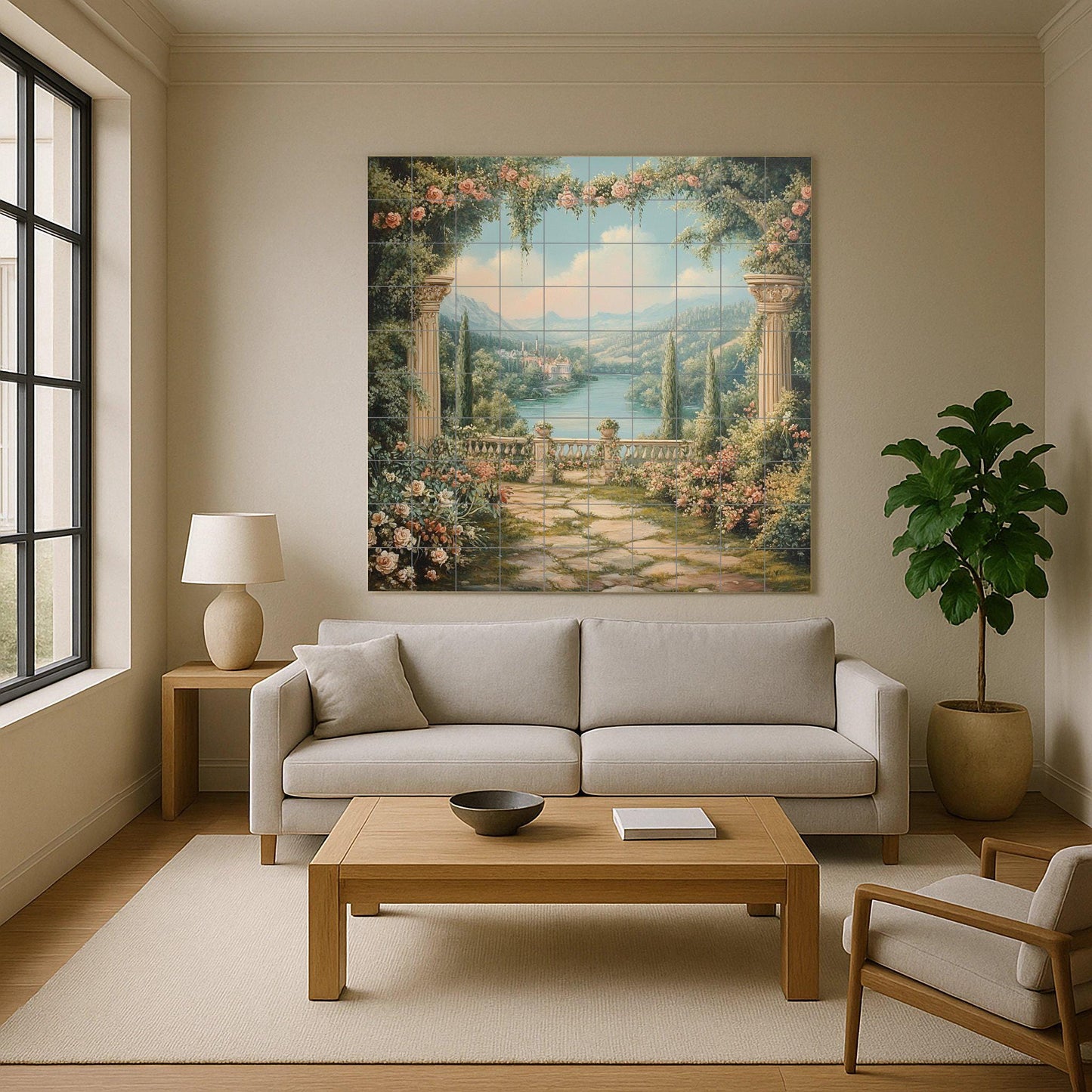 Ceramic tile mural with romantic garden / Classic columns with roses and lake view / Elegant Mediterranean decorative panel