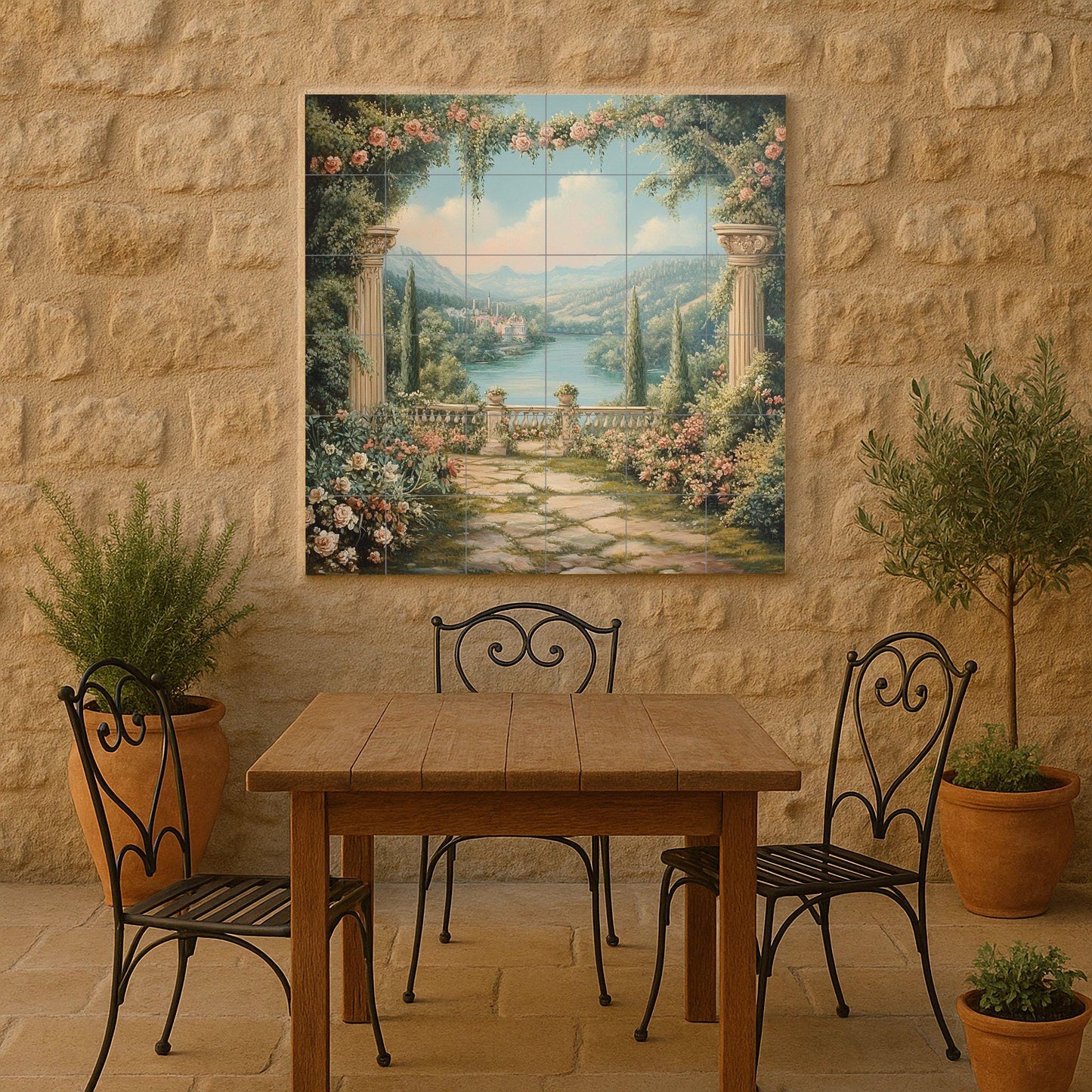 Ceramic tile mural with romantic garden / Classic columns with roses and lake view / Elegant Mediterranean decorative panel