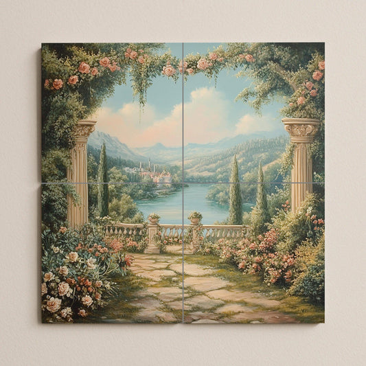 Ceramic tile mural with romantic garden / Classic columns with roses and lake view / Elegant Mediterranean decorative panel