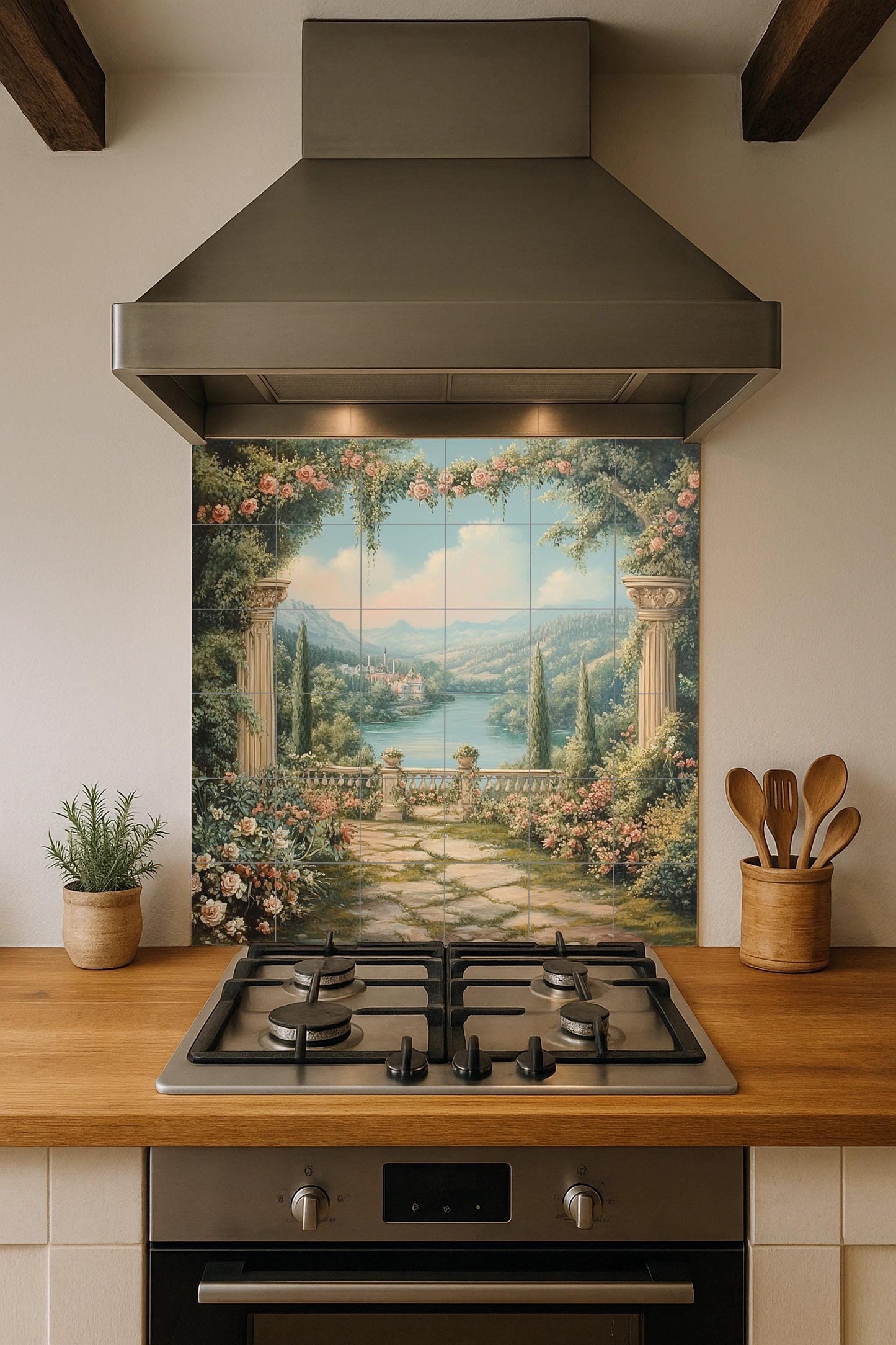 Ceramic tile mural with romantic garden / Classic columns with roses and lake view / Elegant Mediterranean decorative panel