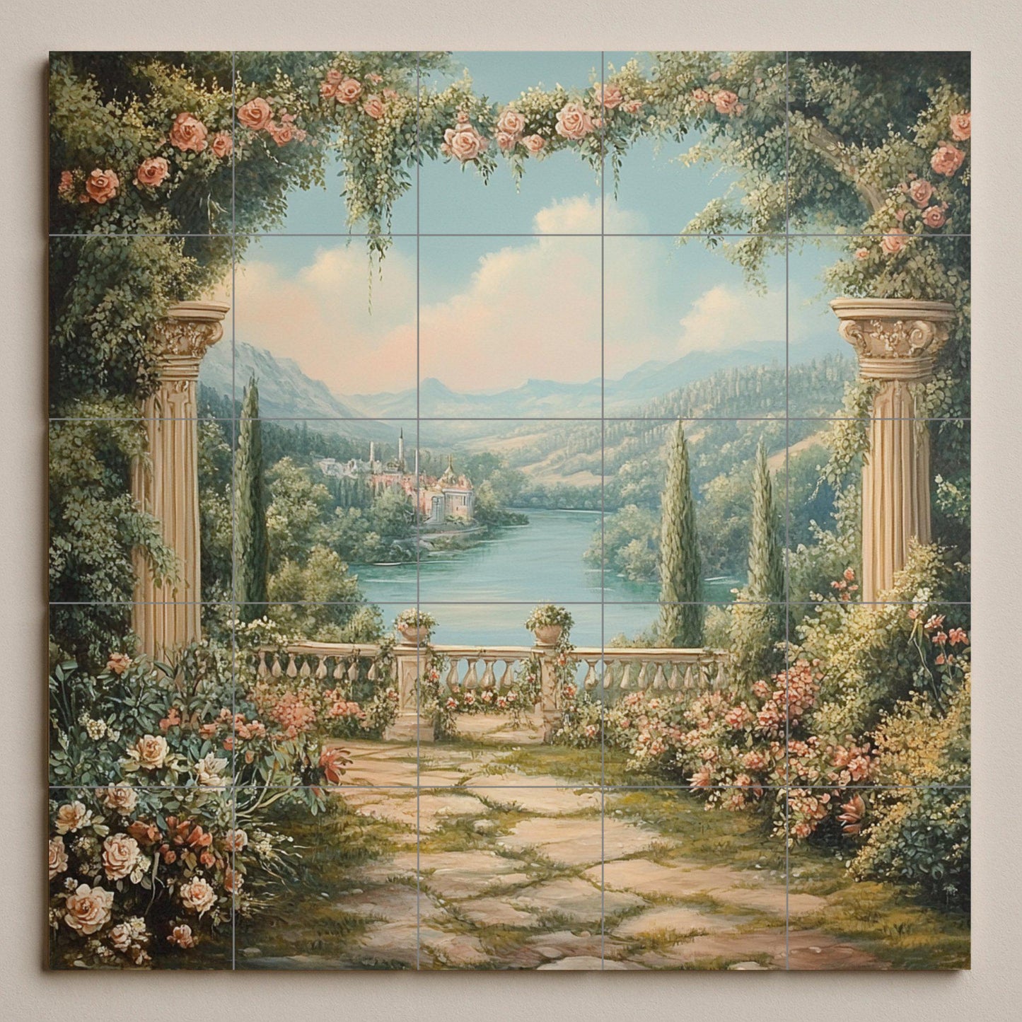 Ceramic tile mural with romantic garden / Classic columns with roses and lake view / Elegant Mediterranean decorative panel
