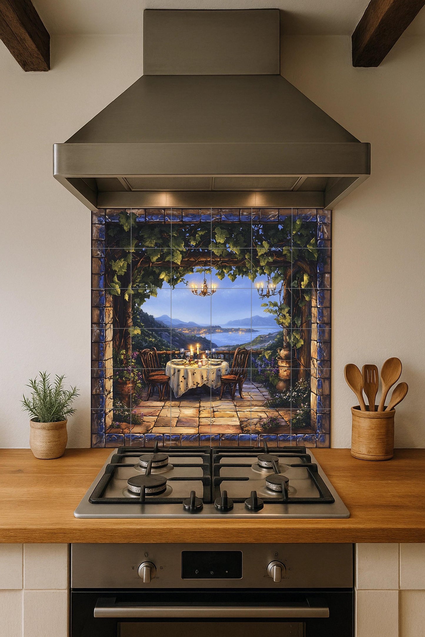 Ceramic tile mural with romantic terrace / Candlelit dinner under the vines overlooking the coast / Mediterranean decorative panel for patio