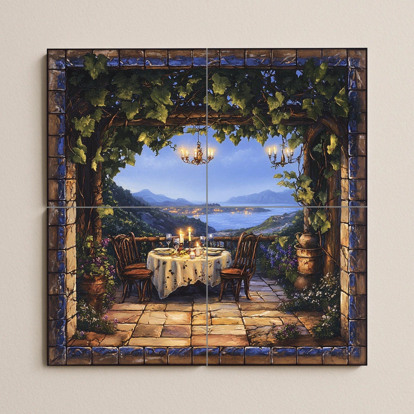 Ceramic tile mural with romantic terrace / Candlelit dinner under the vines overlooking the coast / Mediterranean decorative panel for patio