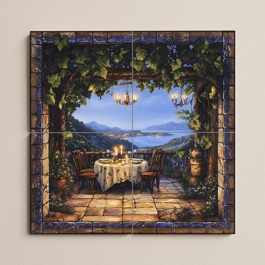Ceramic tile mural with romantic terrace / Candlelit dinner under the vines overlooking the coast / Mediterranean decorative panel for patio