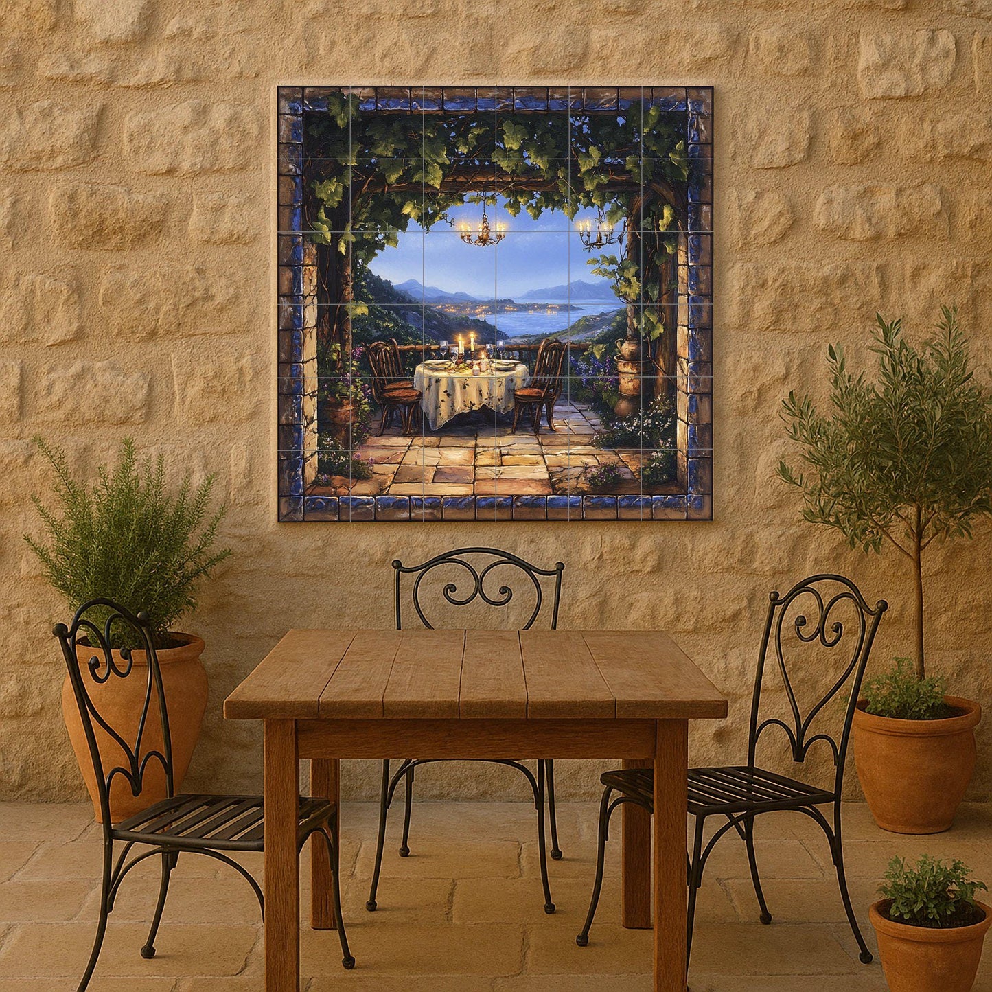Ceramic tile mural with romantic terrace / Candlelit dinner under the vines overlooking the coast / Mediterranean decorative panel for patio