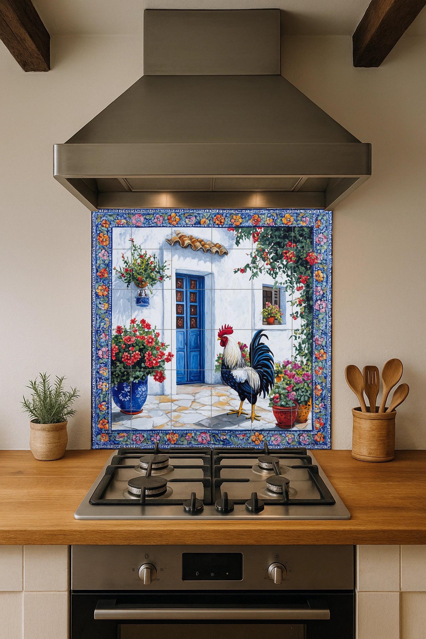 Ceramic tile mural with Mediterranean rooster design, rustic patio with blue door and flowers, country decorative panel for patio.