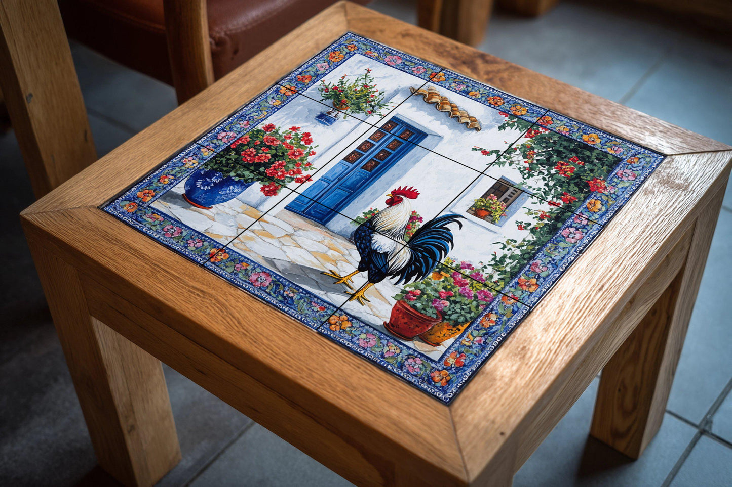 Ceramic tile mural with Mediterranean rooster design, rustic patio with blue door and flowers, country decorative panel for patio.