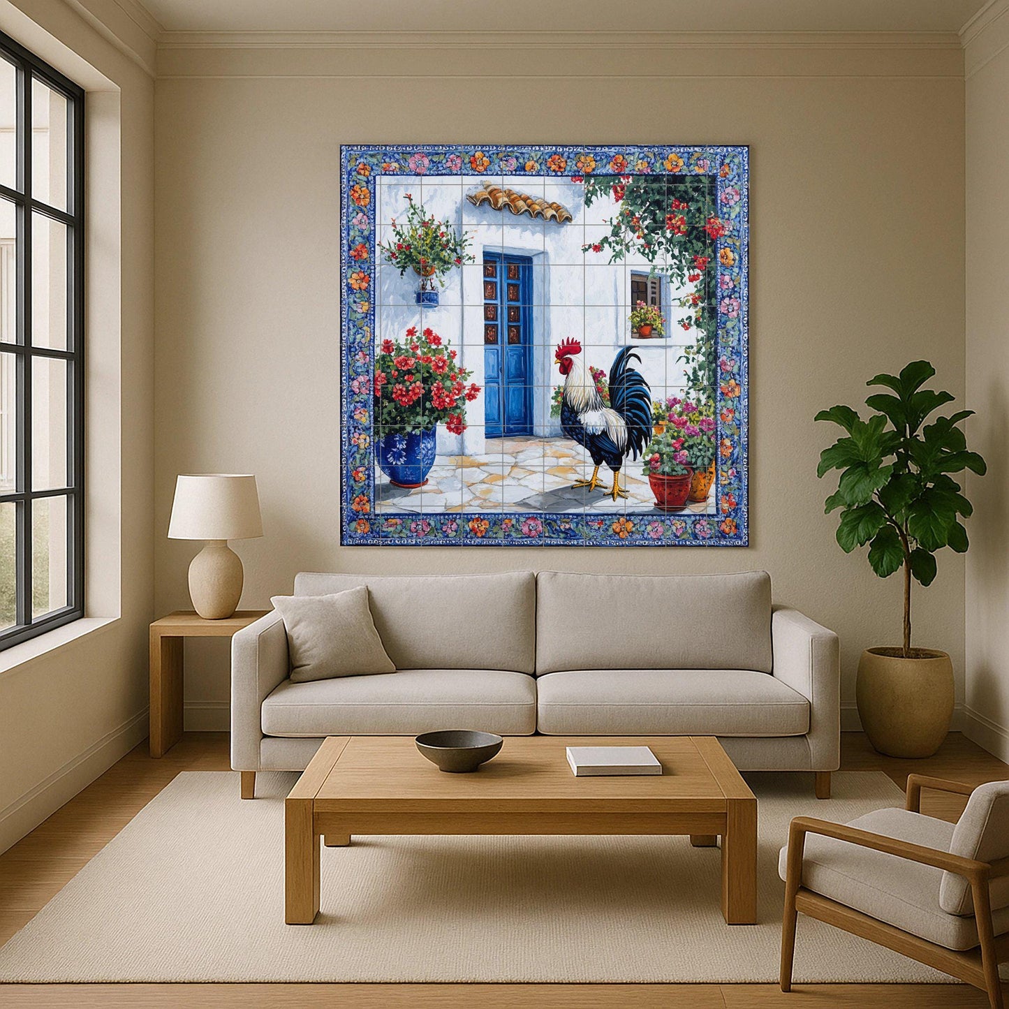 Ceramic tile mural with Mediterranean rooster design, rustic patio with blue door and flowers, country decorative panel for patio.
