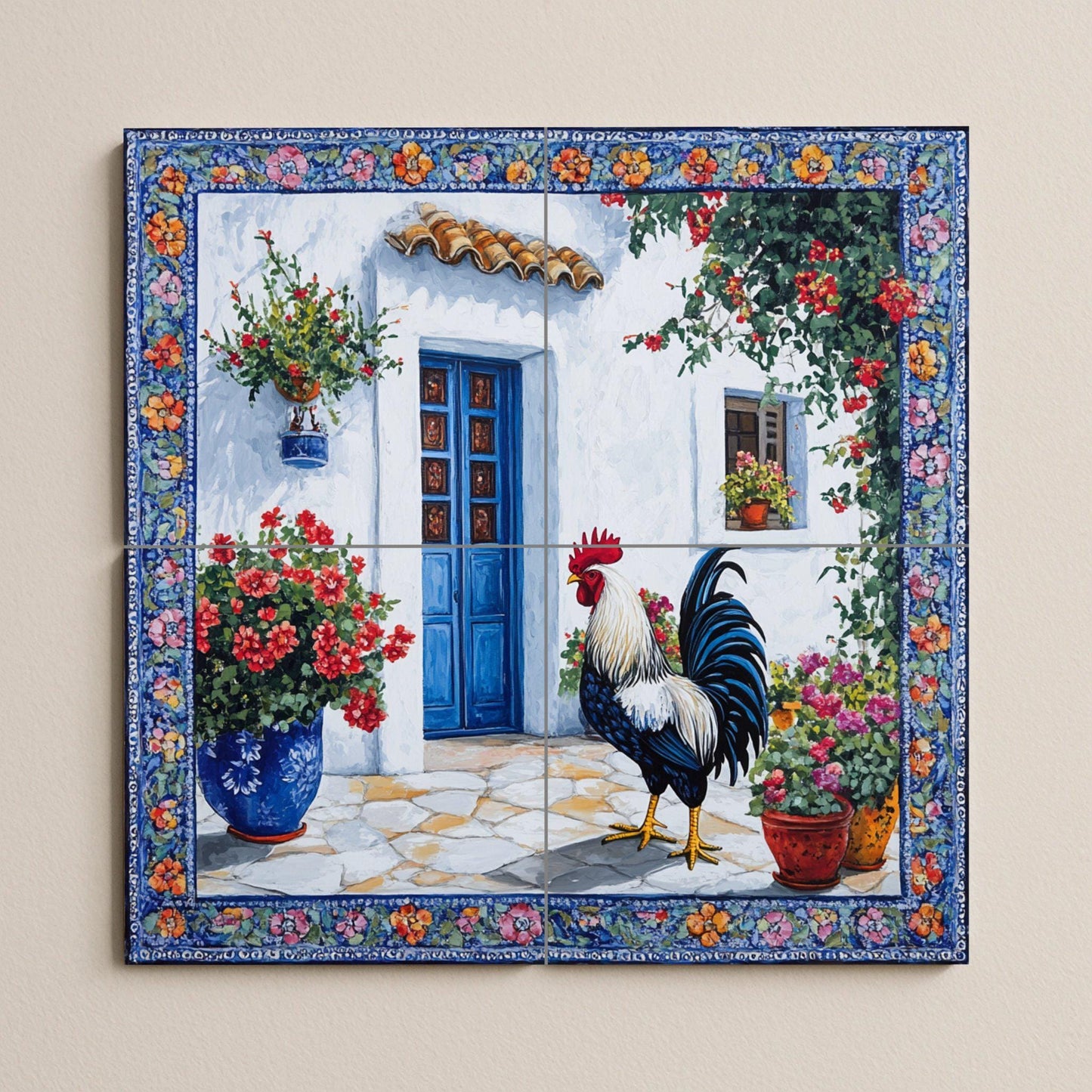Ceramic tile mural with Mediterranean rooster design, rustic patio with blue door and flowers, country decorative panel for patio.