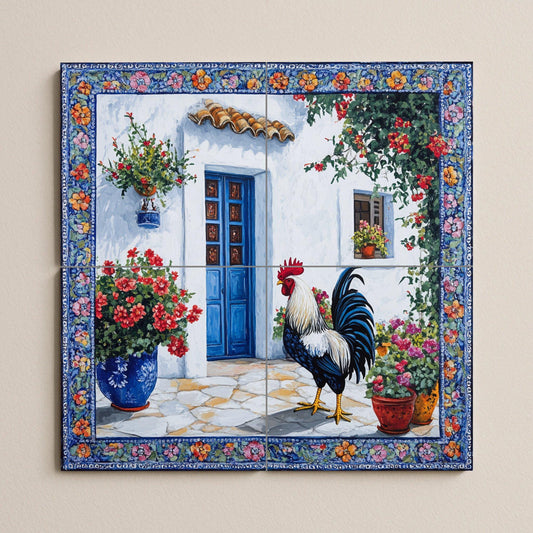 Ceramic tile mural with Mediterranean rooster design, rustic patio with blue door and flowers, country decorative panel for patio.