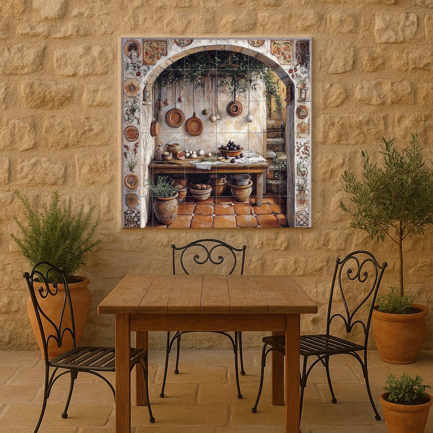 Rustic ceramic tile mural for kitchen / Mediterranean arch with flower pots, garlic and wooden table / Country decorative panel for farmhouse