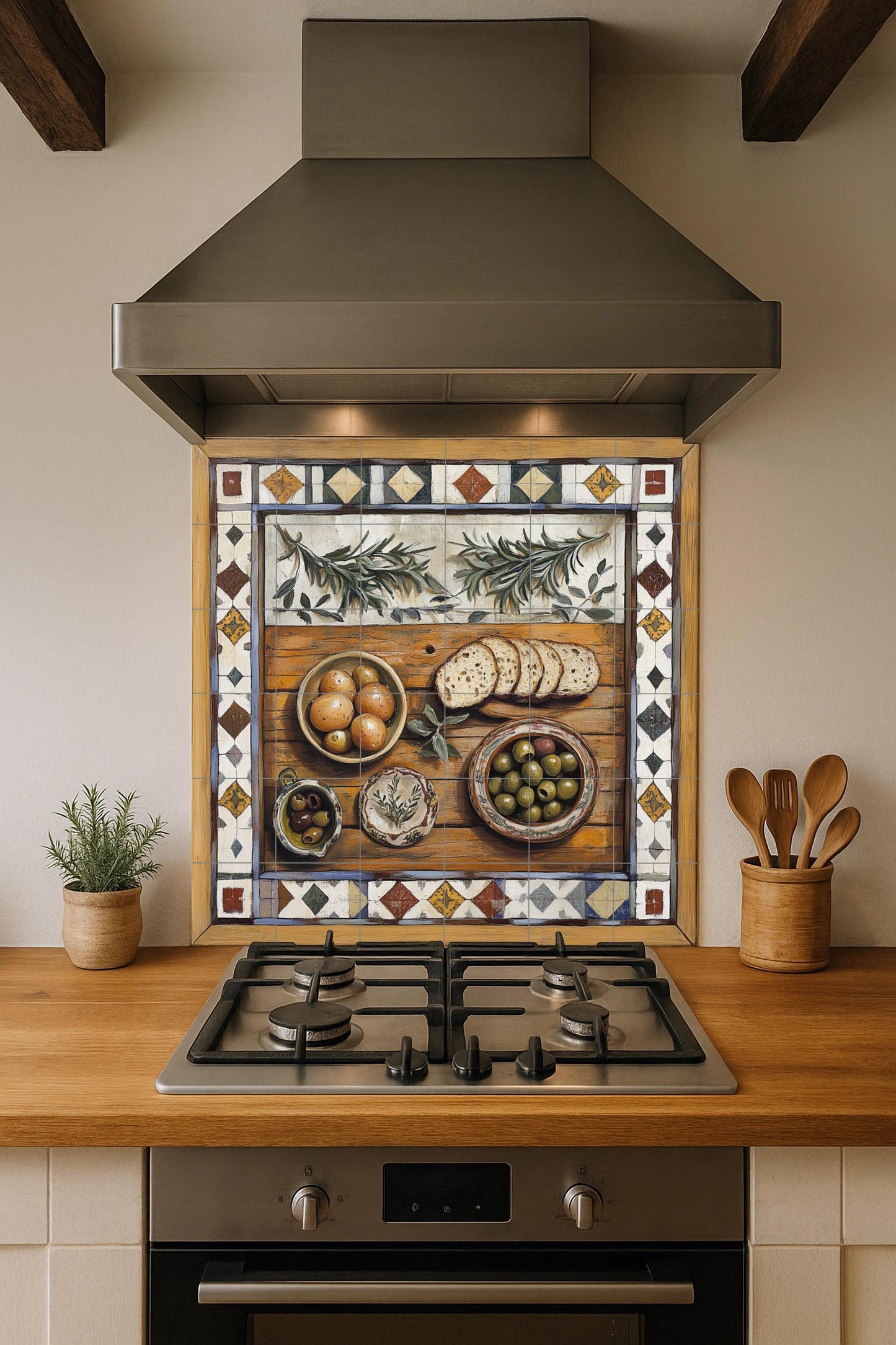 Mediterranean rustic ceramic tile mural / Decorative panel of bread, olives and rosemary / Charming handcrafted country kitchen decor
