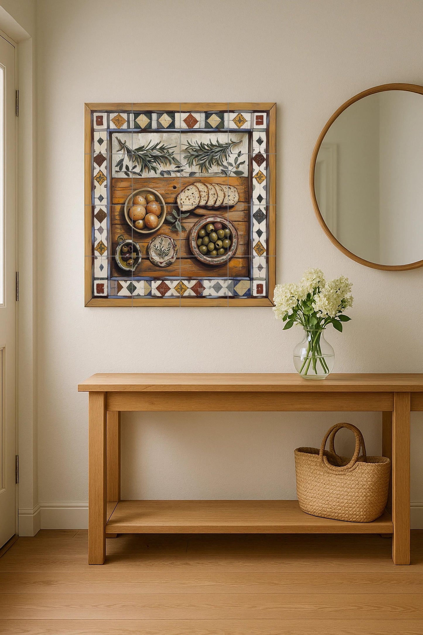 Mediterranean rustic ceramic tile mural / Decorative panel of bread, olives and rosemary / Charming handcrafted country kitchen decor