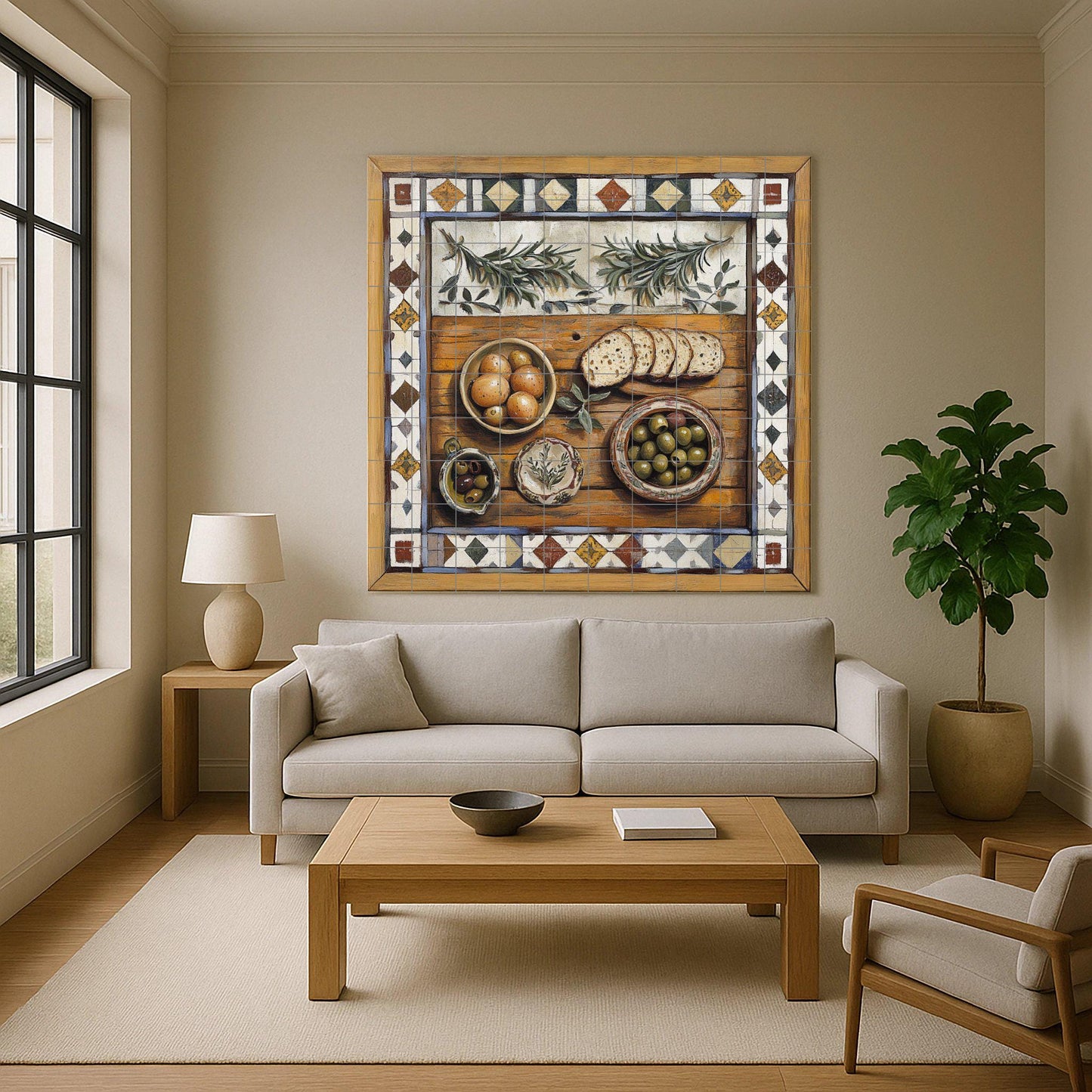 Mediterranean rustic ceramic tile mural / Decorative panel of bread, olives and rosemary / Charming handcrafted country kitchen decor