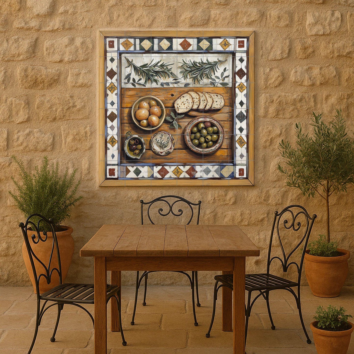 Mediterranean rustic ceramic tile mural / Decorative panel of bread, olives and rosemary / Charming handcrafted country kitchen decor
