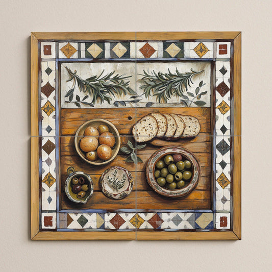 Mediterranean rustic ceramic tile mural / Decorative panel of bread, olives and rosemary / Charming handcrafted country kitchen decor