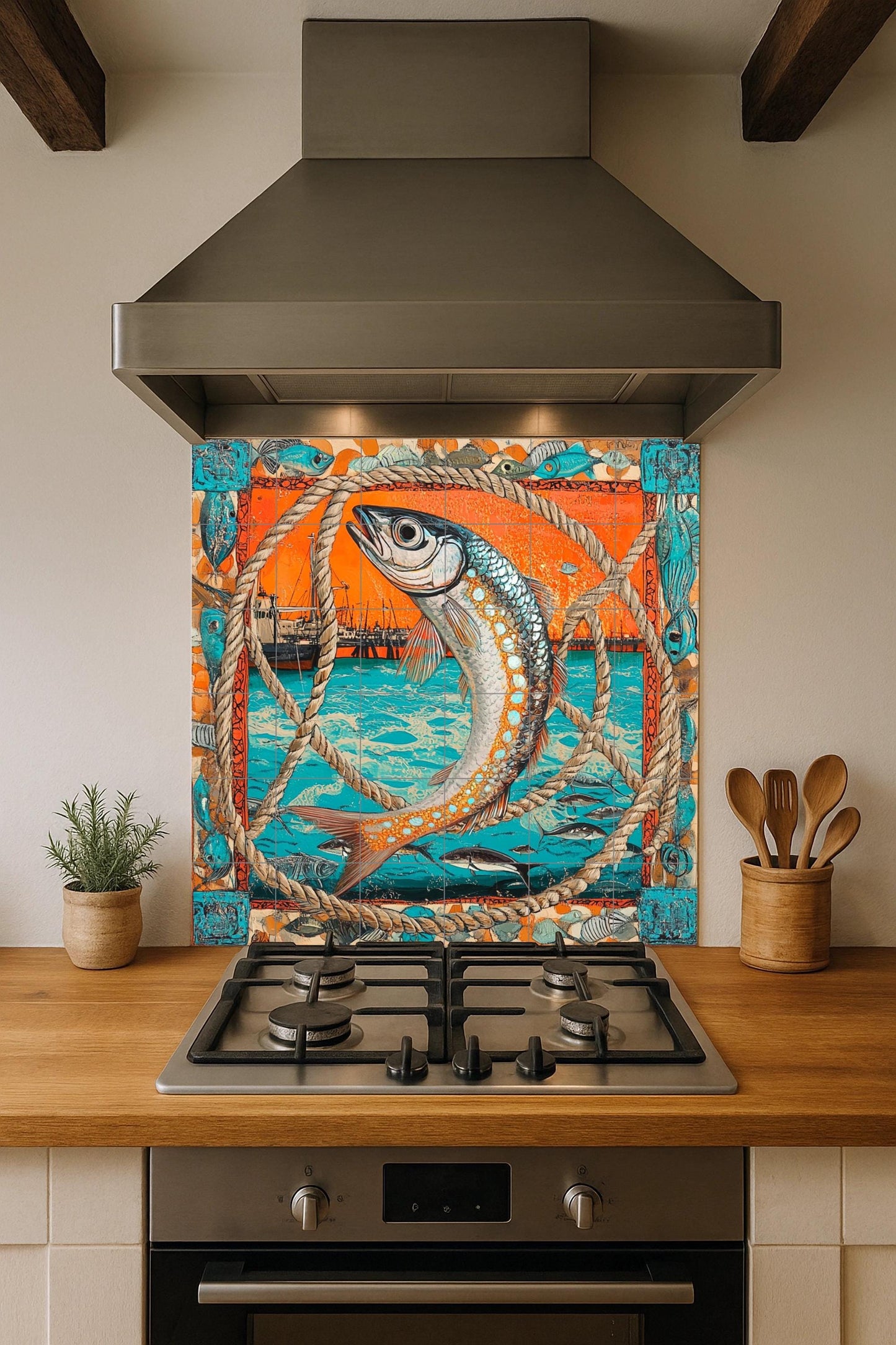 Ceramic tile mural with nautical fish design, port scene with fishing boats and marine rope frame, coastal decorative panel for kitchen.