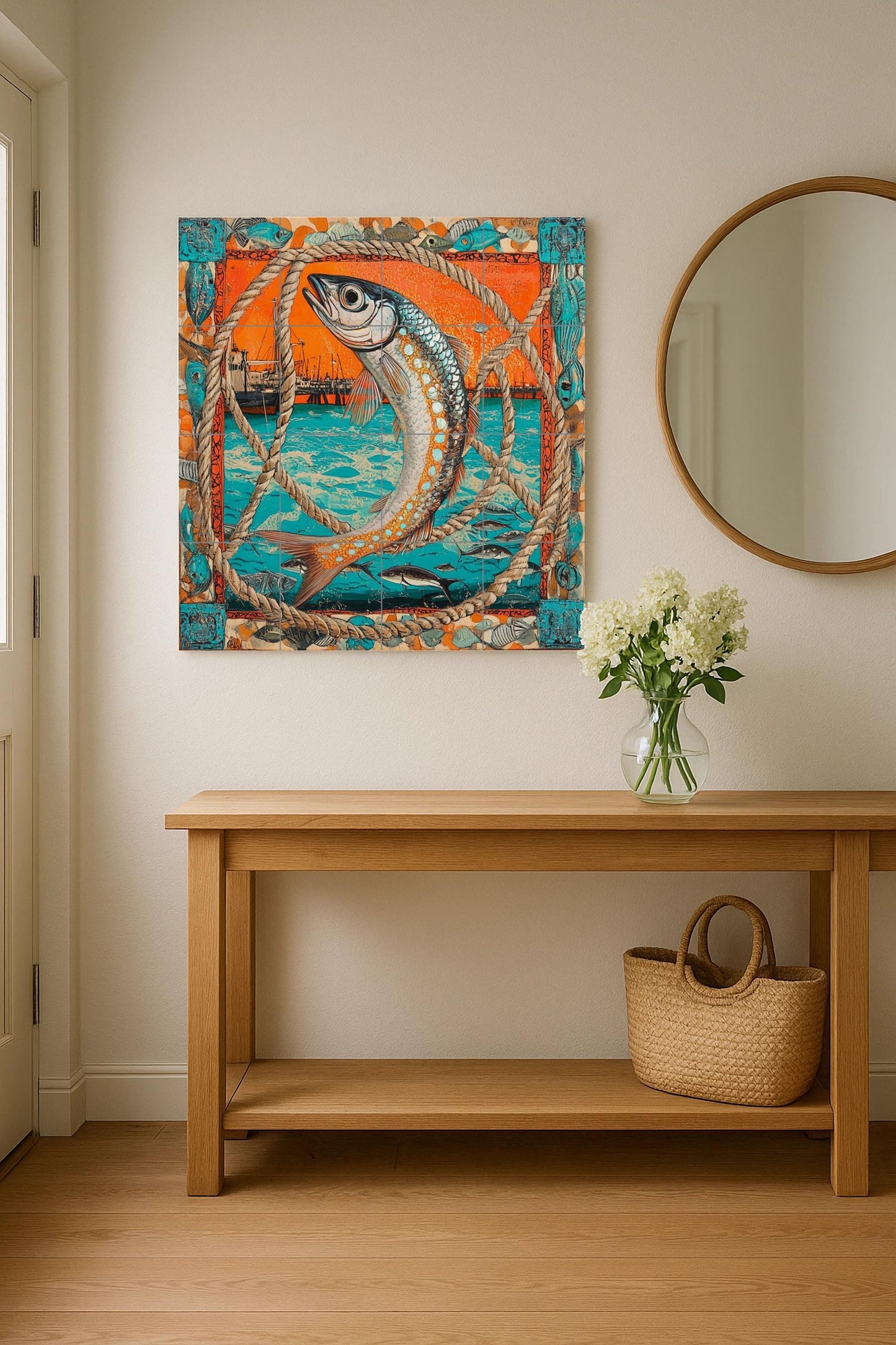 Ceramic tile mural with nautical fish design, port scene with fishing boats and marine rope frame, coastal decorative panel for kitchen.