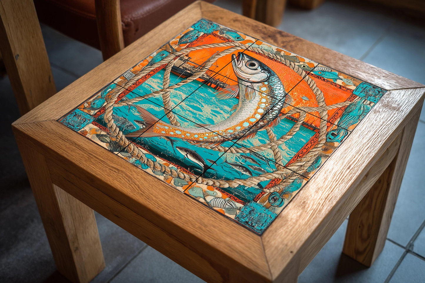 Ceramic tile mural with nautical fish design, port scene with fishing boats and marine rope frame, coastal decorative panel for kitchen.