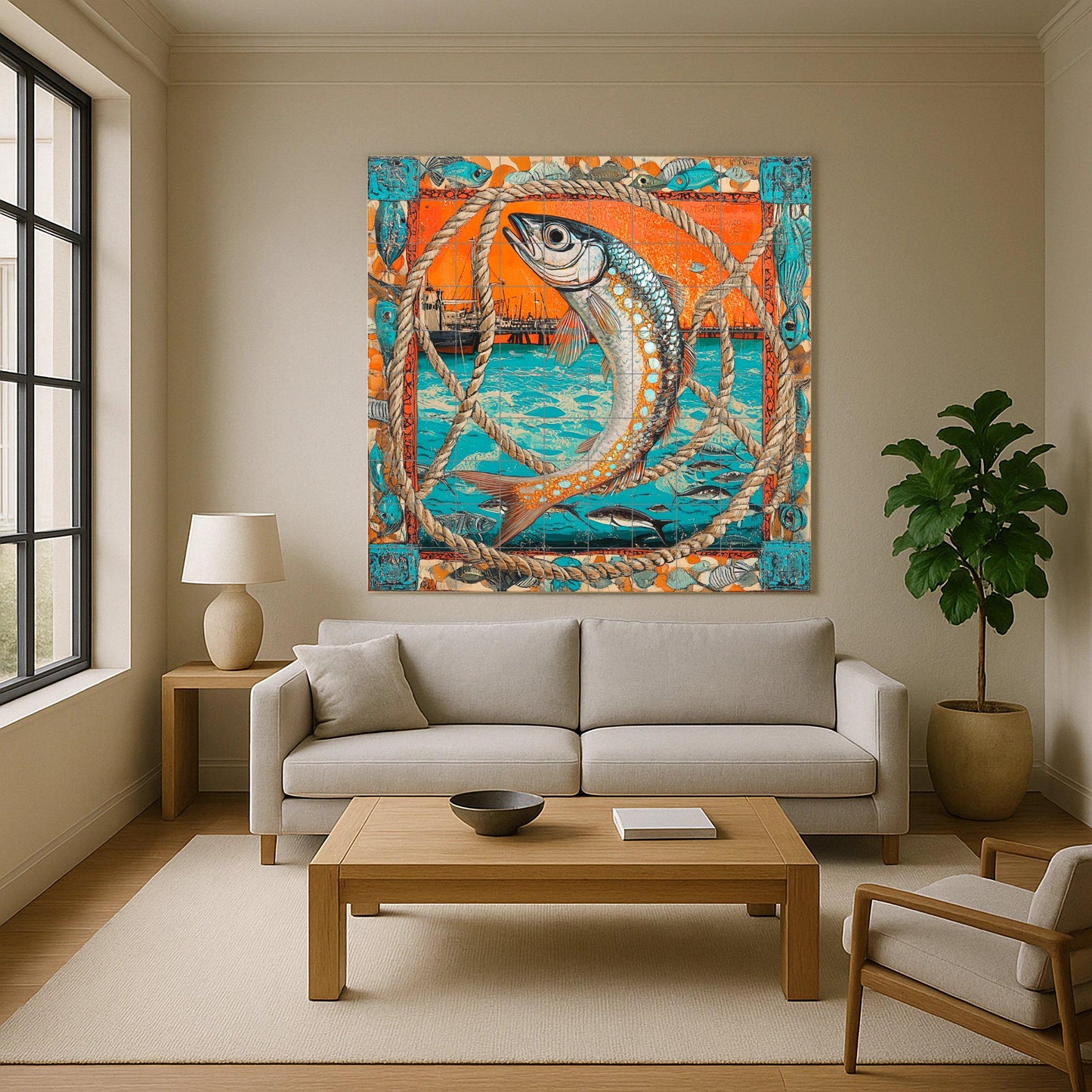 Ceramic tile mural with nautical fish design, port scene with fishing boats and marine rope frame, coastal decorative panel for kitchen.