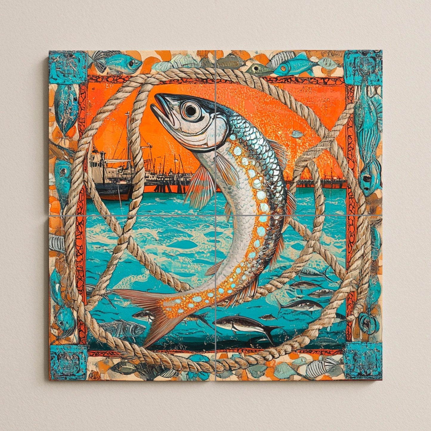 Ceramic tile mural with nautical fish design, port scene with fishing boats and marine rope frame, coastal decorative panel for kitchen.