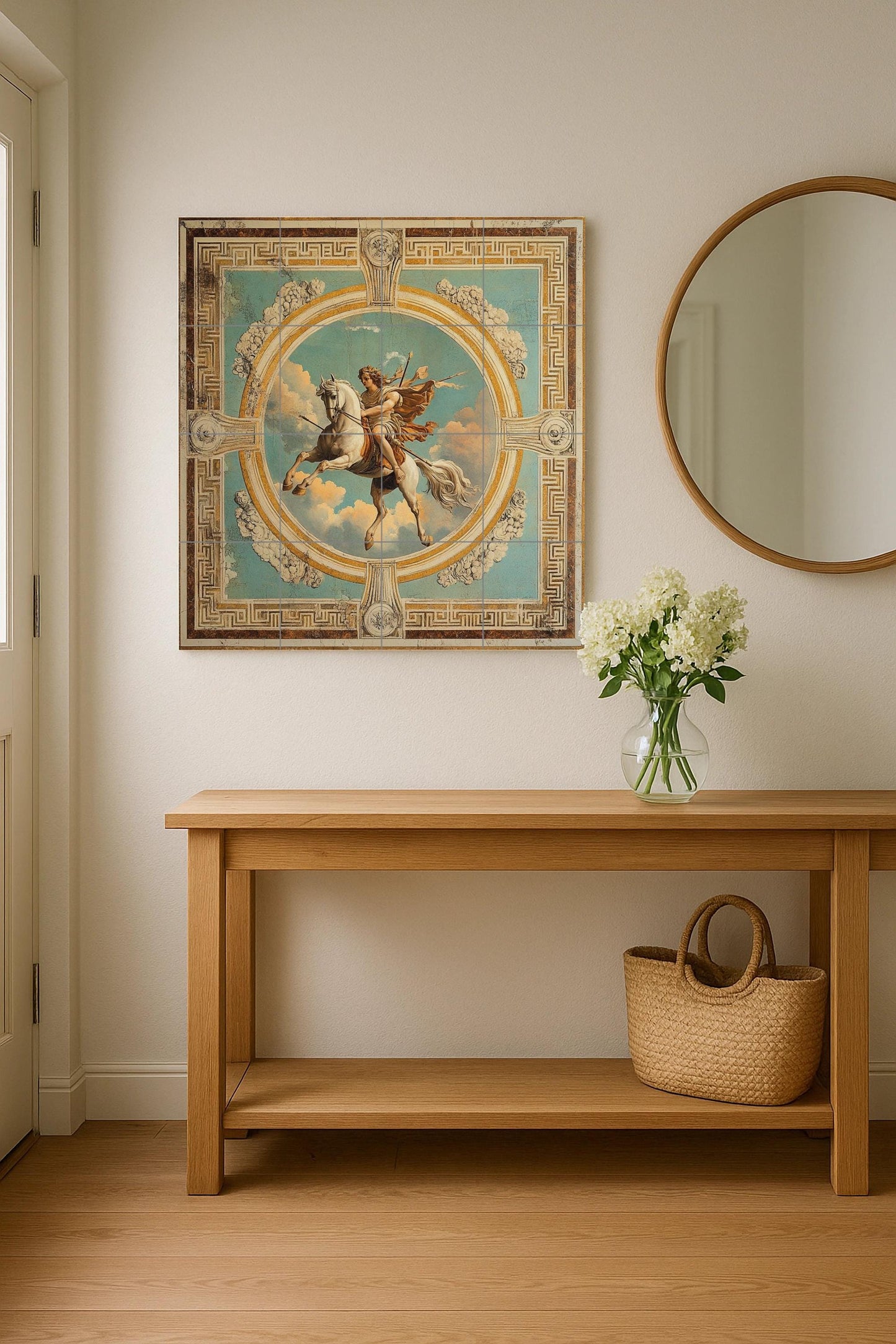 Ceramic tile mural of classical mythology / Hero on horseback in the sky with clouds and ornamental frame / Renaissance decorative panel