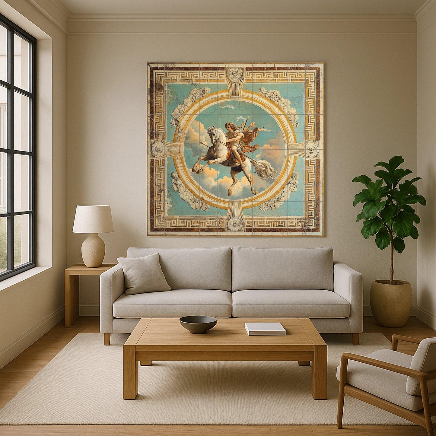 Ceramic tile mural of classical mythology / Hero on horseback in the sky with clouds and ornamental frame / Renaissance decorative panel