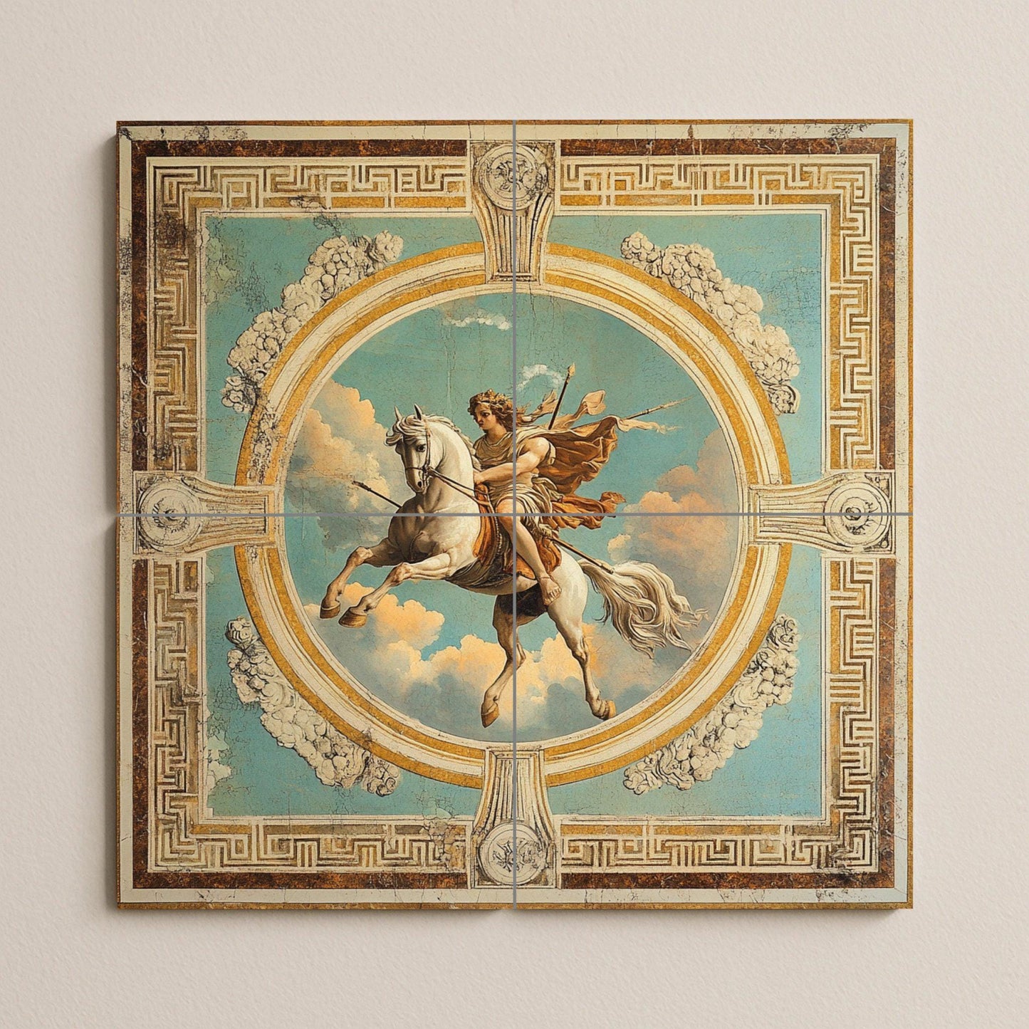 Ceramic tile mural of classical mythology / Hero on horseback in the sky with clouds and ornamental frame / Renaissance decorative panel