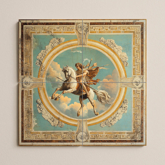 Ceramic tile mural of classical mythology / Hero on horseback in the sky with clouds and ornamental frame / Renaissance decorative panel