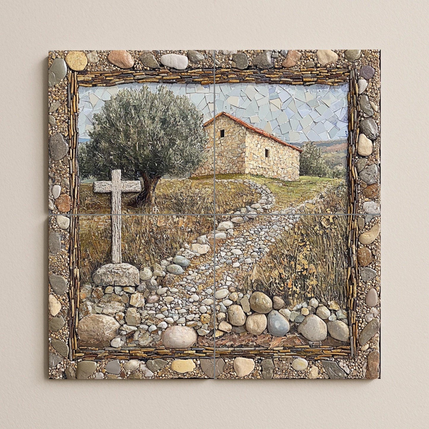 Rustic chapel ceramic tile mural, stone path with cross and farmhouse, religious decorative panel for living room.