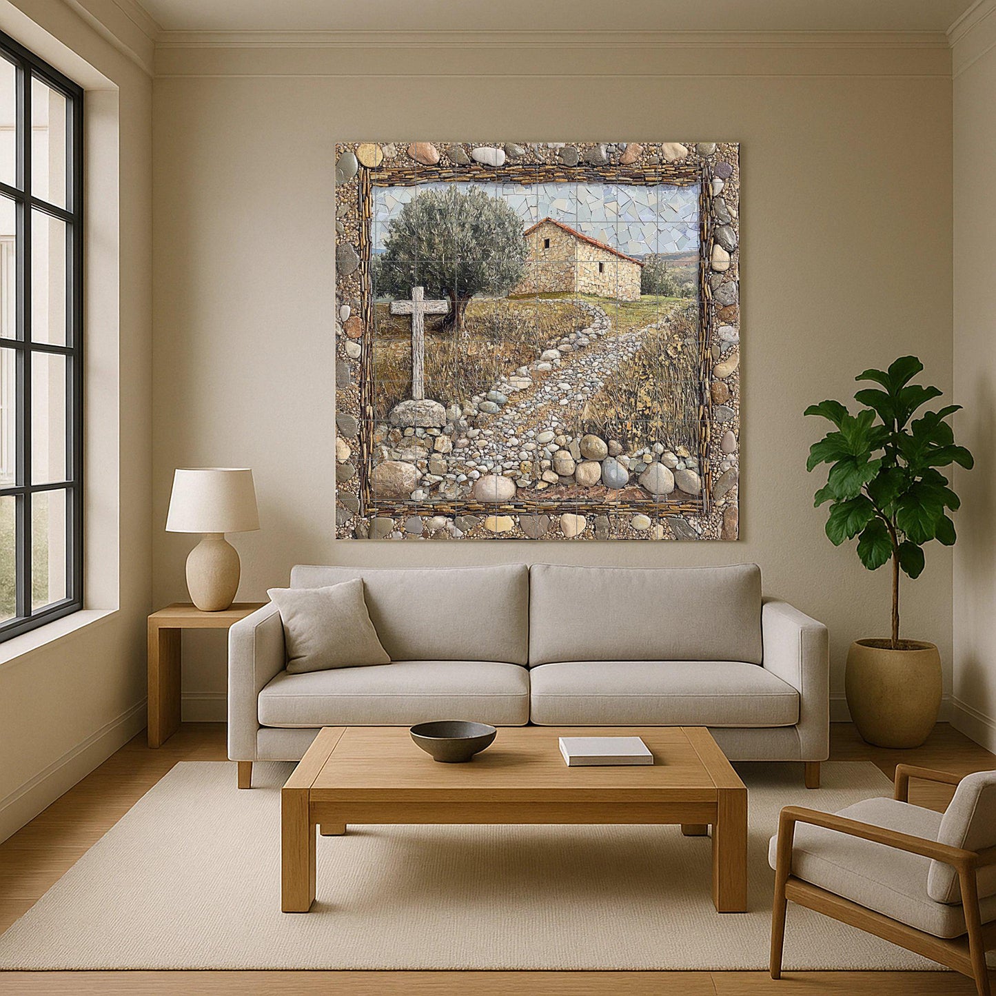 Rustic chapel ceramic tile mural, stone path with cross and farmhouse, religious decorative panel for living room.