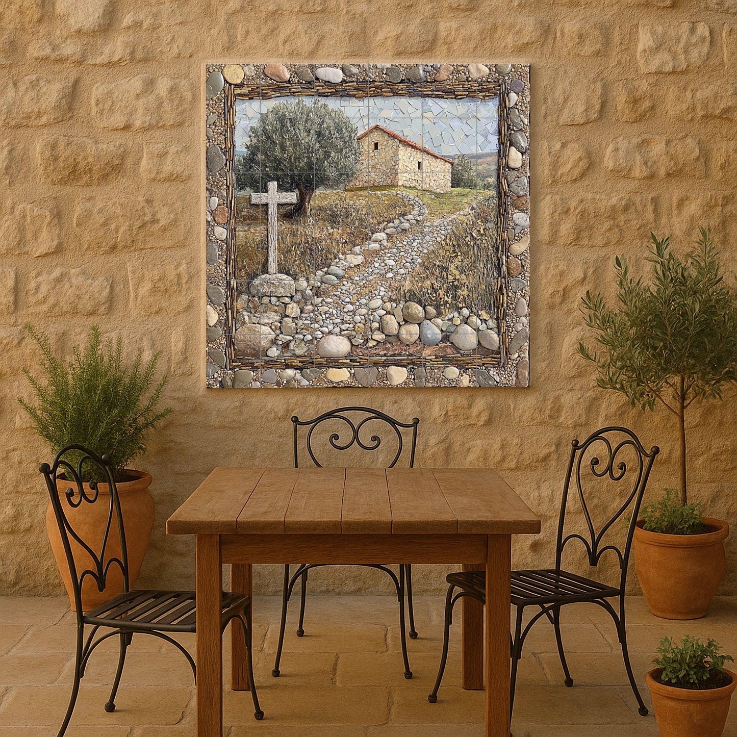 Rustic chapel ceramic tile mural, stone path with cross and farmhouse, religious decorative panel for living room.