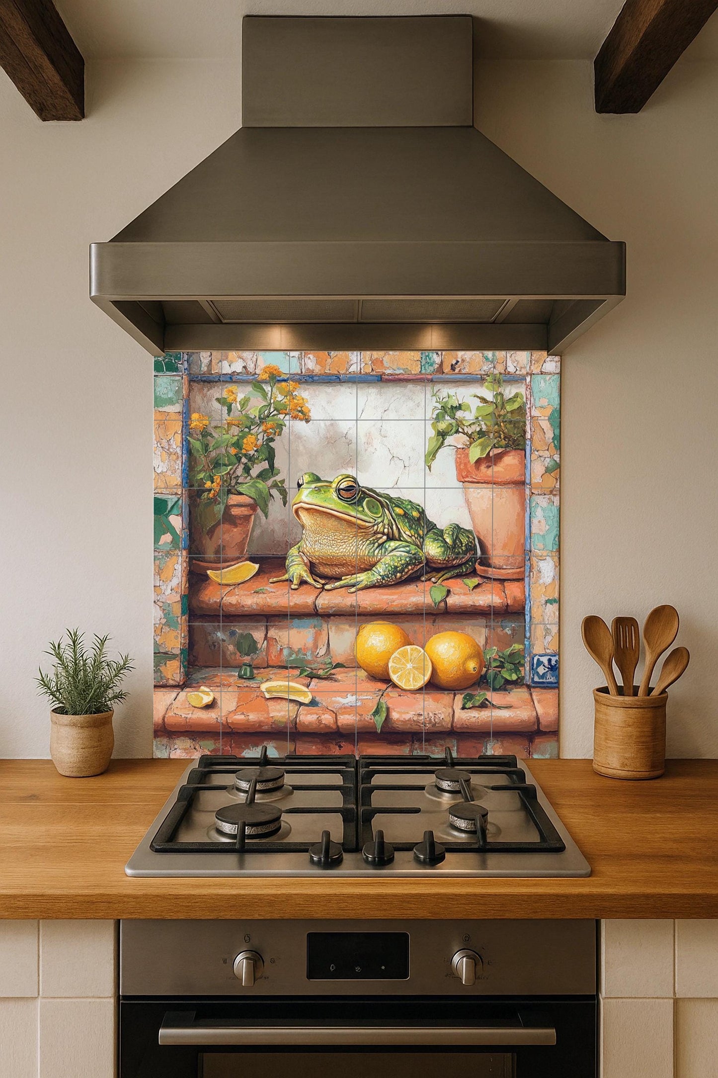 Ceramic tile mural with rustic frog design / Green frog with lemons and potted plants / Decorative panel for Mediterranean patio
