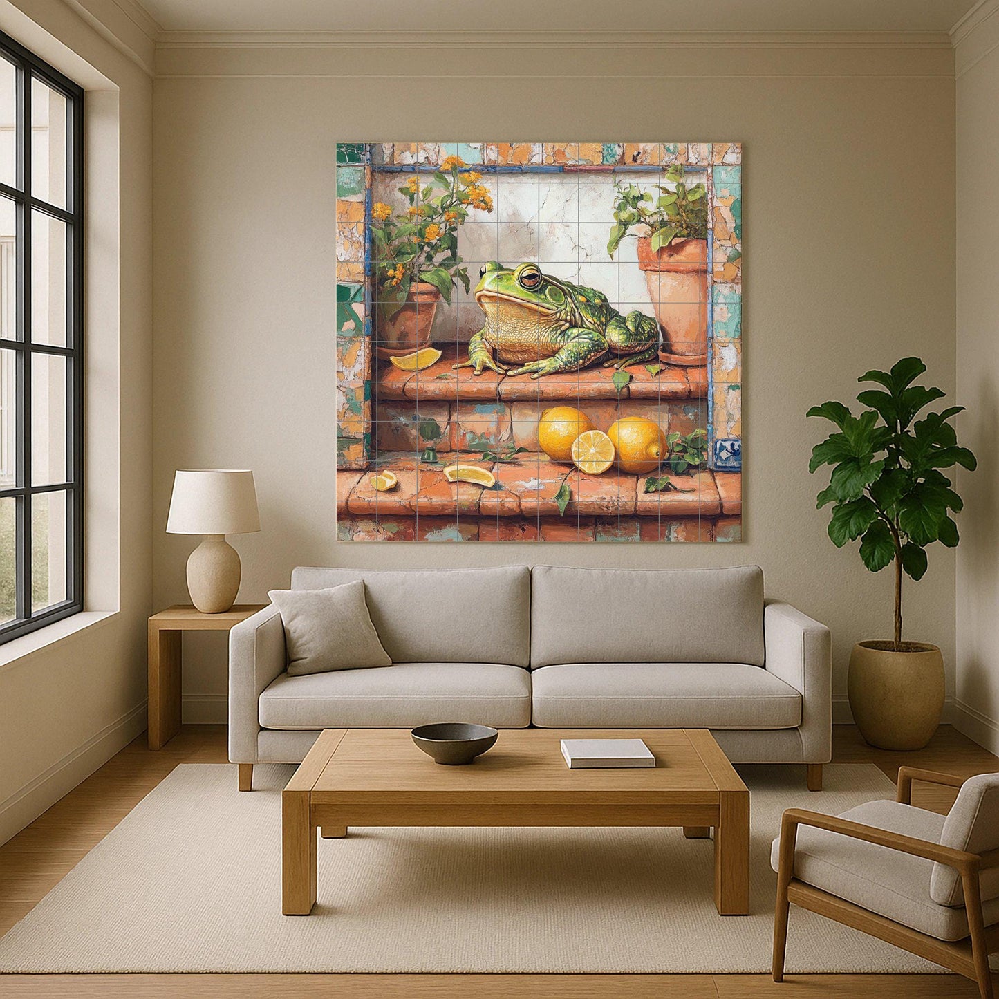 Ceramic tile mural with rustic frog design / Green frog with lemons and potted plants / Decorative panel for Mediterranean patio