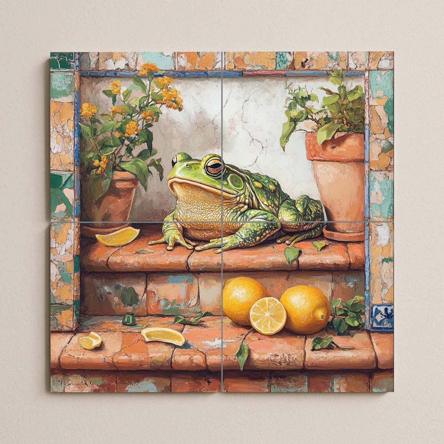 Ceramic tile mural with rustic frog design / Green frog with lemons and potted plants / Decorative panel for Mediterranean patio